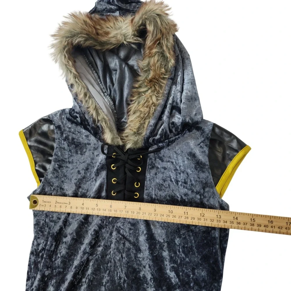 Kids Blue Crushed Velvet Medieval Fantasy Costume Dress  Fur Hood Large 12-14
